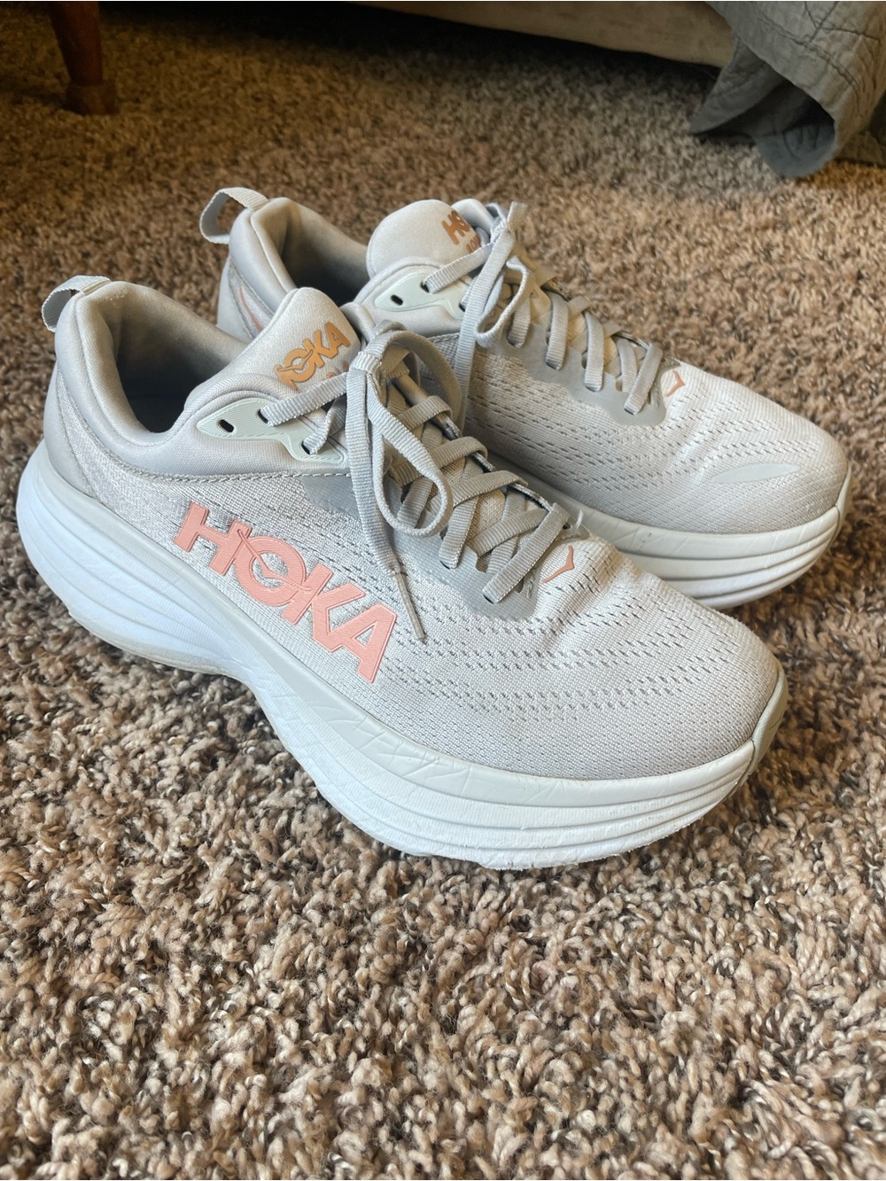 Hoka Women's Light Gray Athletic Sneakers with Pink Logo